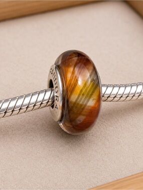 Chamilia Vivance Brown Plaid Murano Charm Bead EUC CHAMILIA .925 Core #247